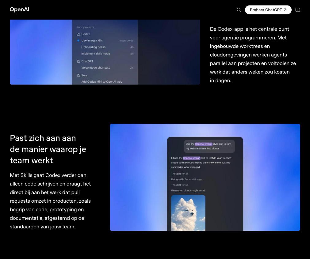 Codex app showing the projects panel and Skills feature for multi-agent workflows